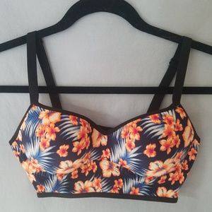 Tropical Hibiscus Palm Cage Back Push Up Sport Bra